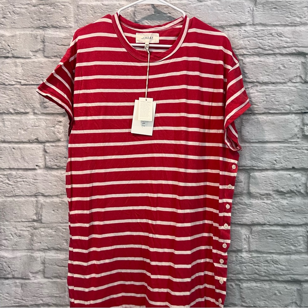 NWT The GREAT. Size 1/S Button Side Dress Cardinal Stripe oversized t-shirt midi - Picture 5 of 14